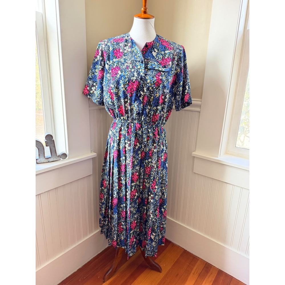 Vintage 90s Orvis Floral Pleated Midi Shirt Dress Blue Pink Size 10 USA
